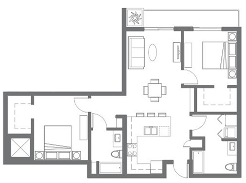 Floor plan for 1 bed, 2 baths, 999 sqft